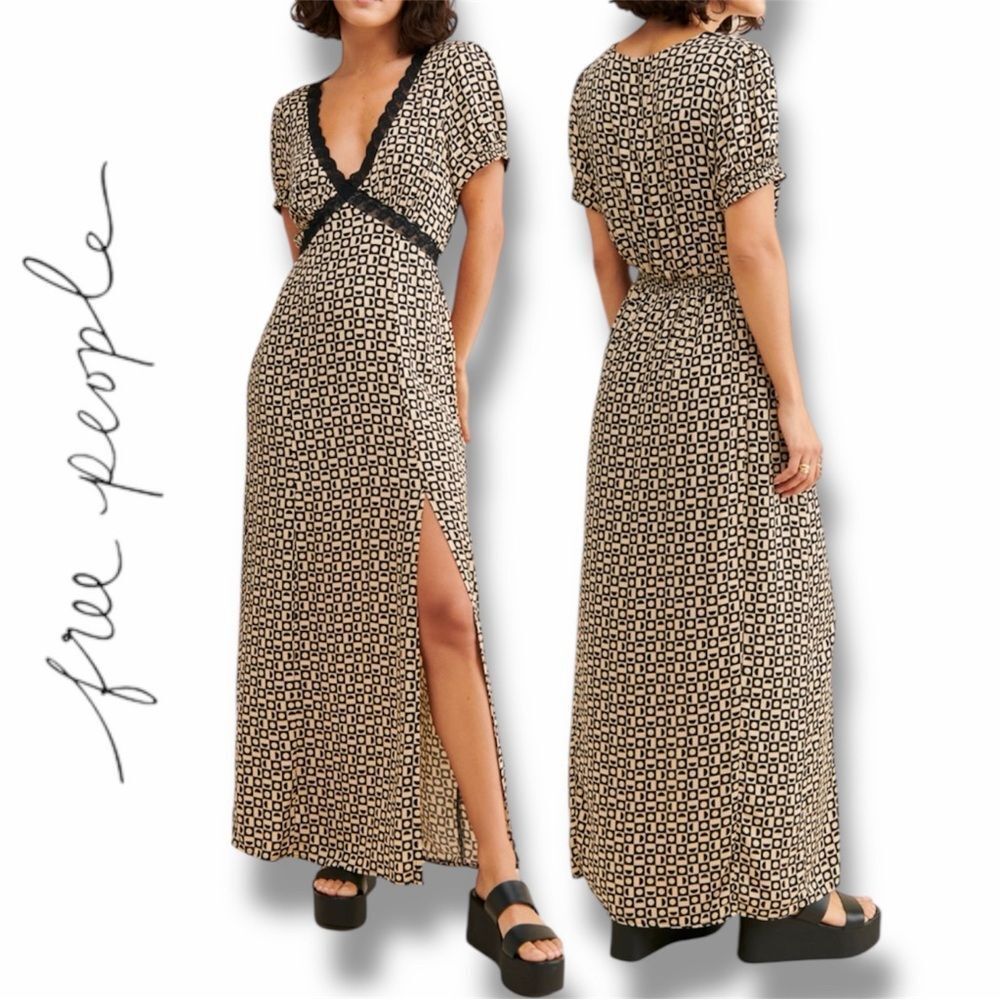 Free People Marley Geometric Maxi Dress in the Size Large in Black Combo